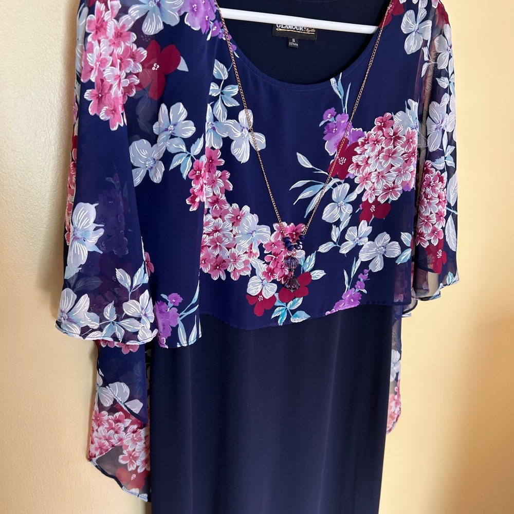 NWOT GLAMOUR NIGHTS Navy Dress w/Sheer Floral Overlay, Cape, Perfect Details